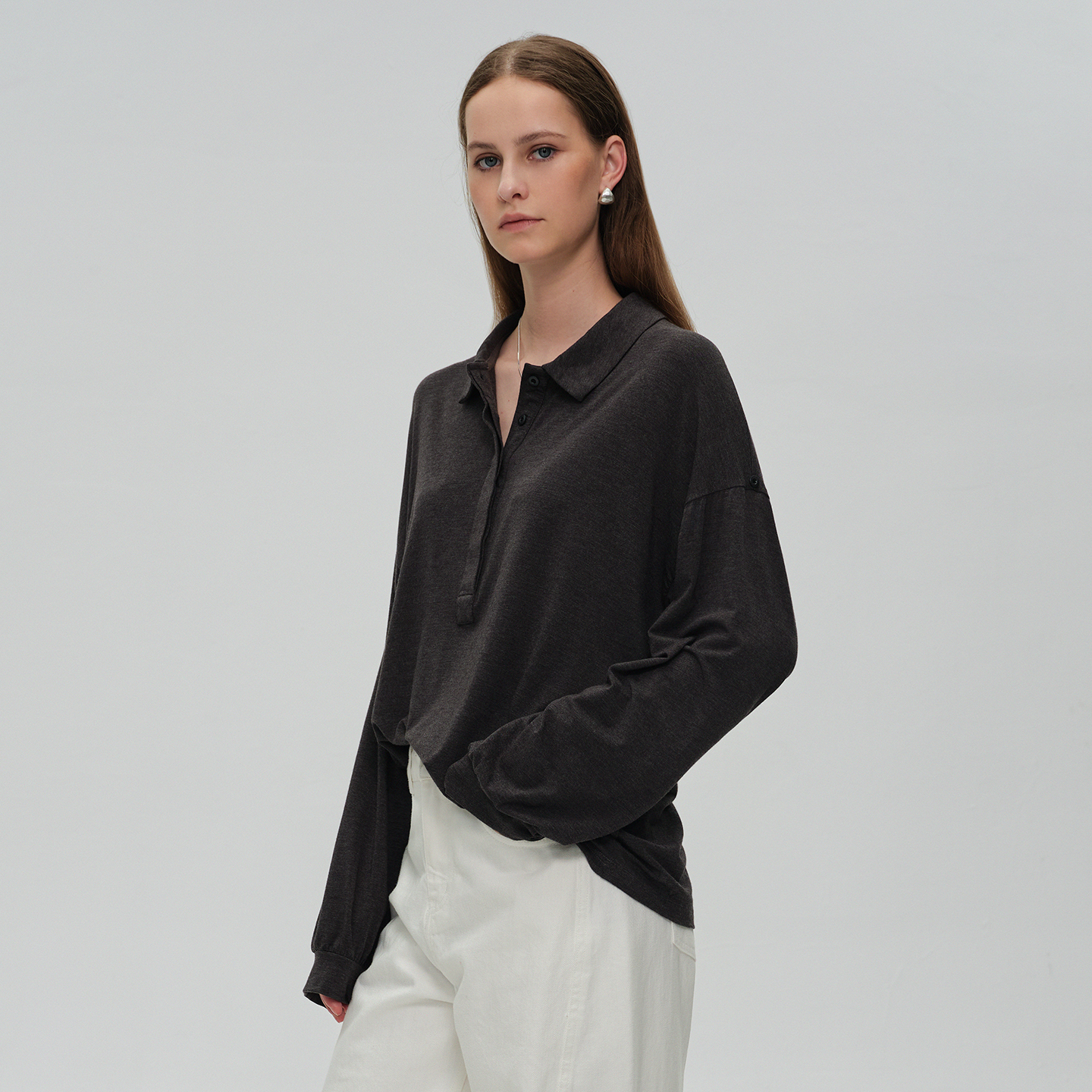 DNCY丨POLO领休闲T恤慵懒风 简约舒适2025秋季新款外穿打底上衣女