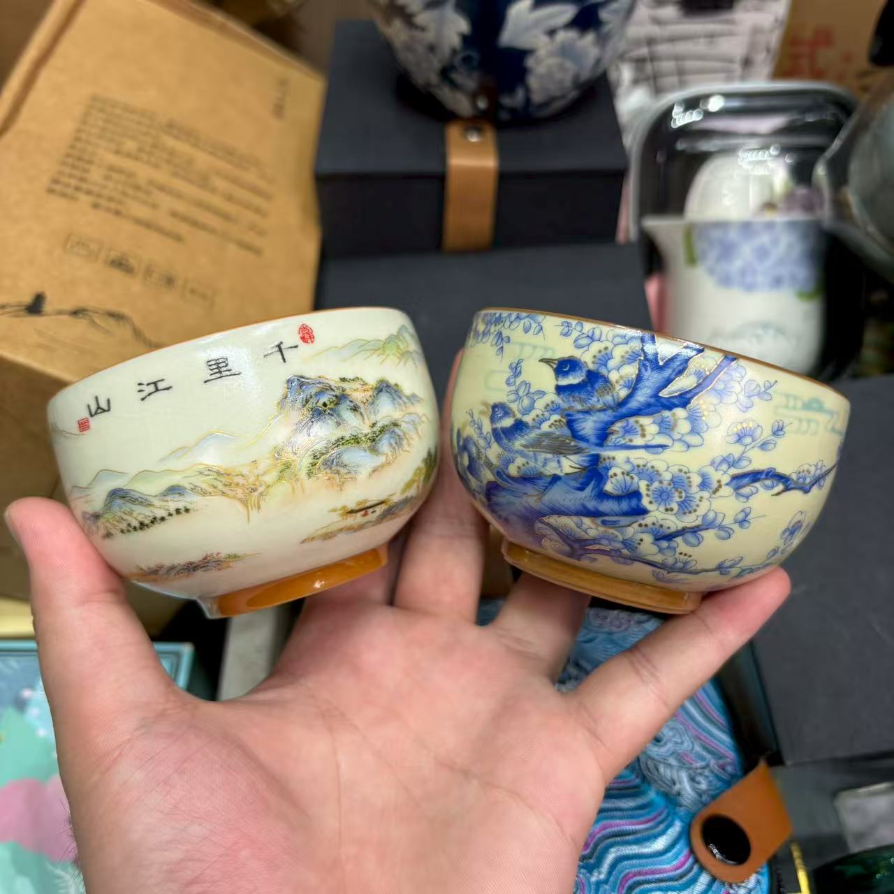 3店【闪购商品】汝窑千里江山加喜上枝头铜钱底主人杯对杯1621+1392