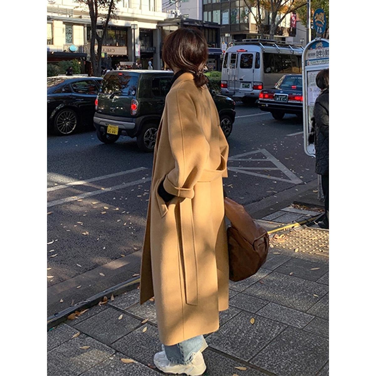 RIXO STREET双面羊绒呢子大衣女新款冬韩系小个子中长驼色赫本风