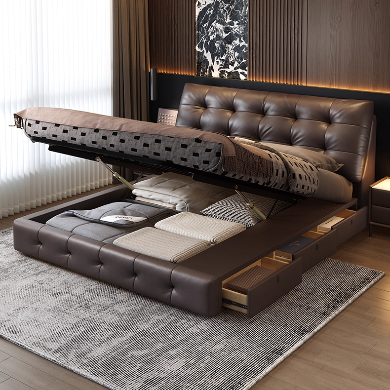 K203#意式极简真皮床主卧大床现代简约黑色软包多功能可调节齐边