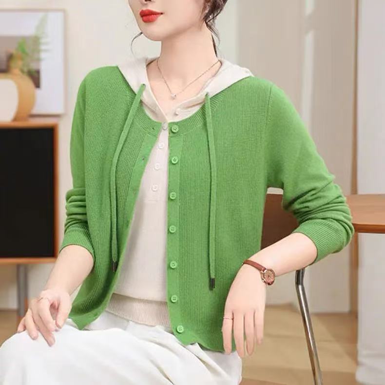 假两件开衫撞色连帽抽绳针织衫女秋冬长袖套头毛衣设计感长袖上衣