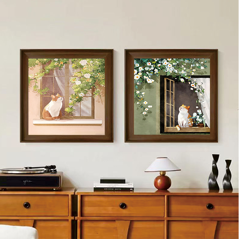 《春与秋的猫》客厅卧室现代装饰画30-30-胡桃木-ED20