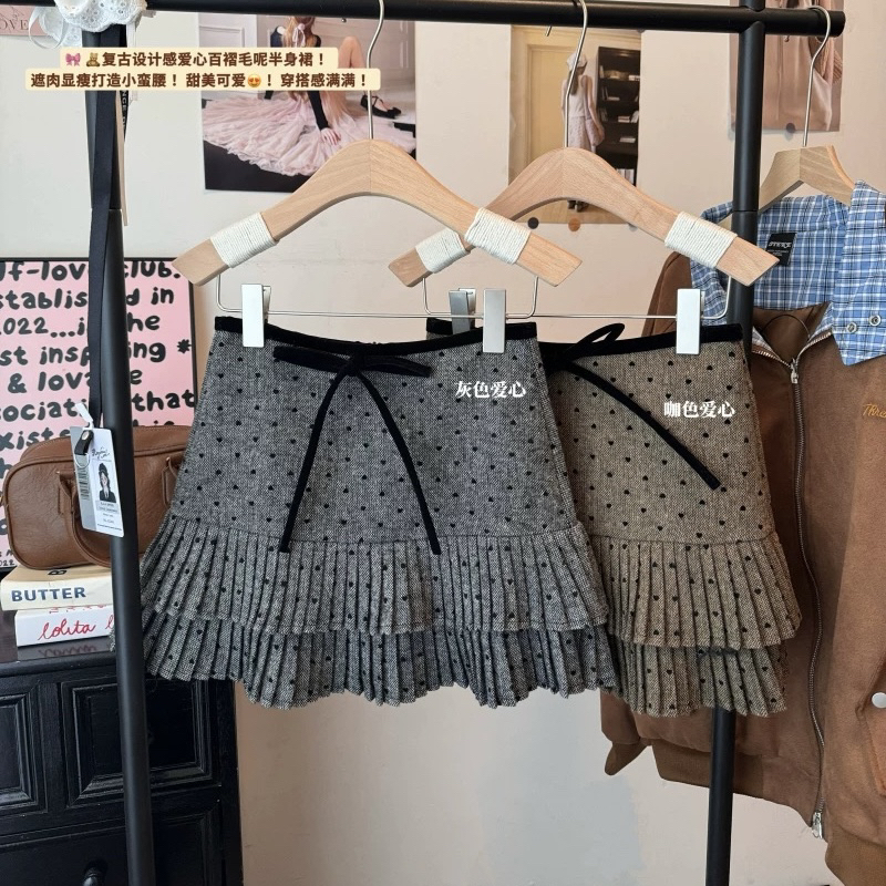 雯雯家 2025冬季新款甜美波点半身裙显瘦蝴蝶结百褶短裙