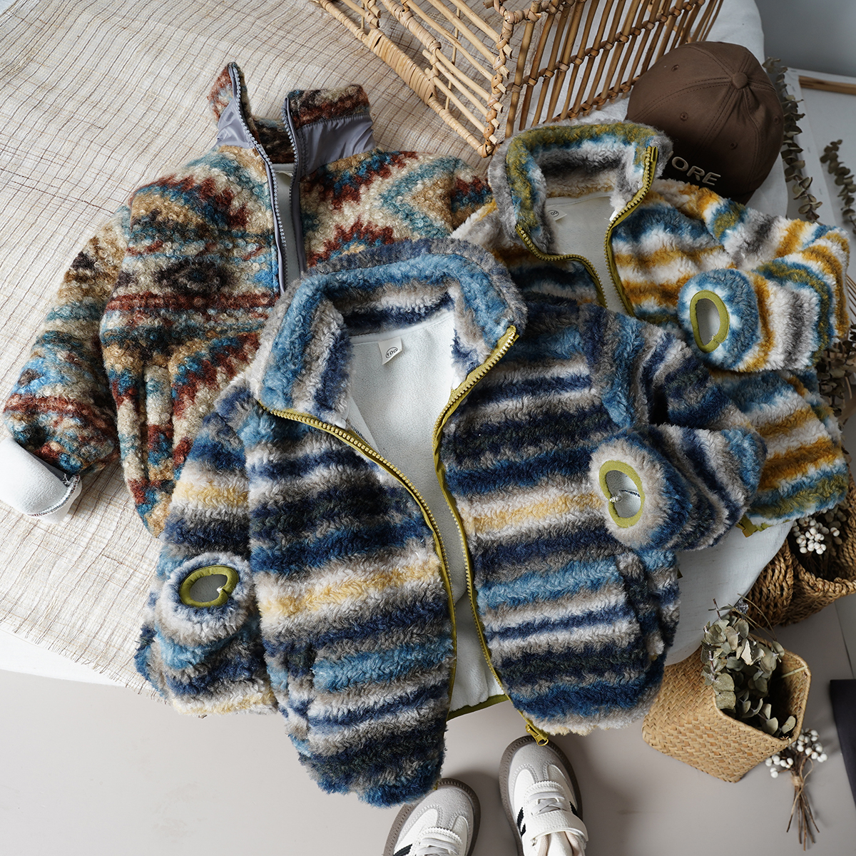 民族风拉链冬季立领条纹高品质外套童装上衣休闲中大童加绒长袖