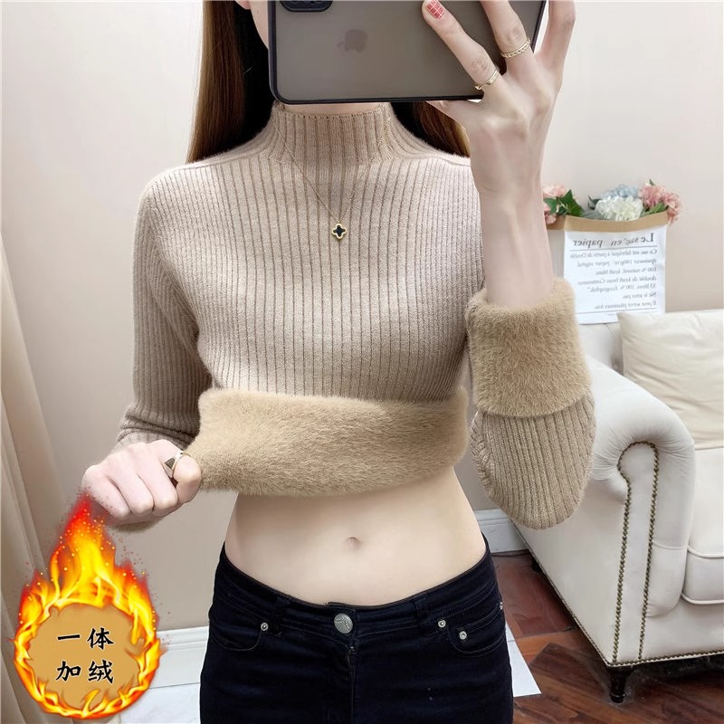 一体绒高领加绒毛衣打底衫女秋冬季2025年新款纯色针织衫保暖加厚
