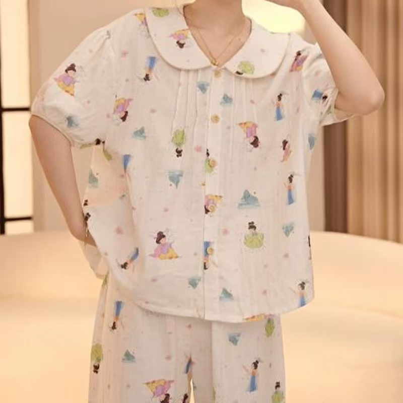大菲【糖娃娃】睡衣女夏无五分袖双短棉家居服ins显瘦短袖长裤