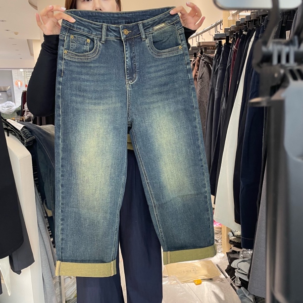 5302女款高腰阔腿大码弹力显瘦九分牛仔裤适合春季穿着