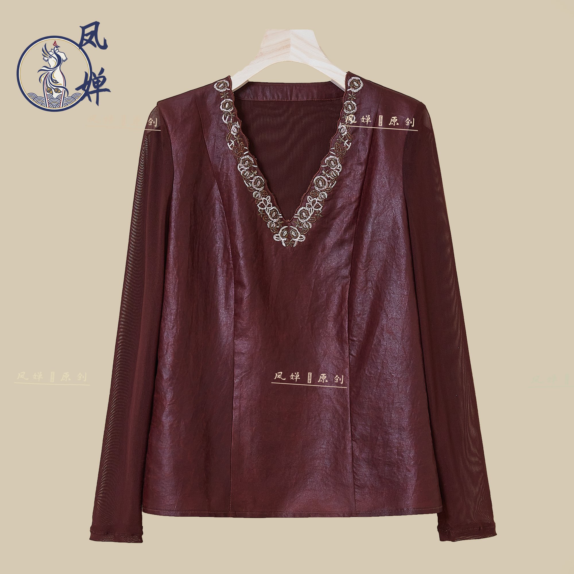 【赤韵花吟】凤婵·原创 时尚百搭重工刺绣V领后背网纱香云纱上衣