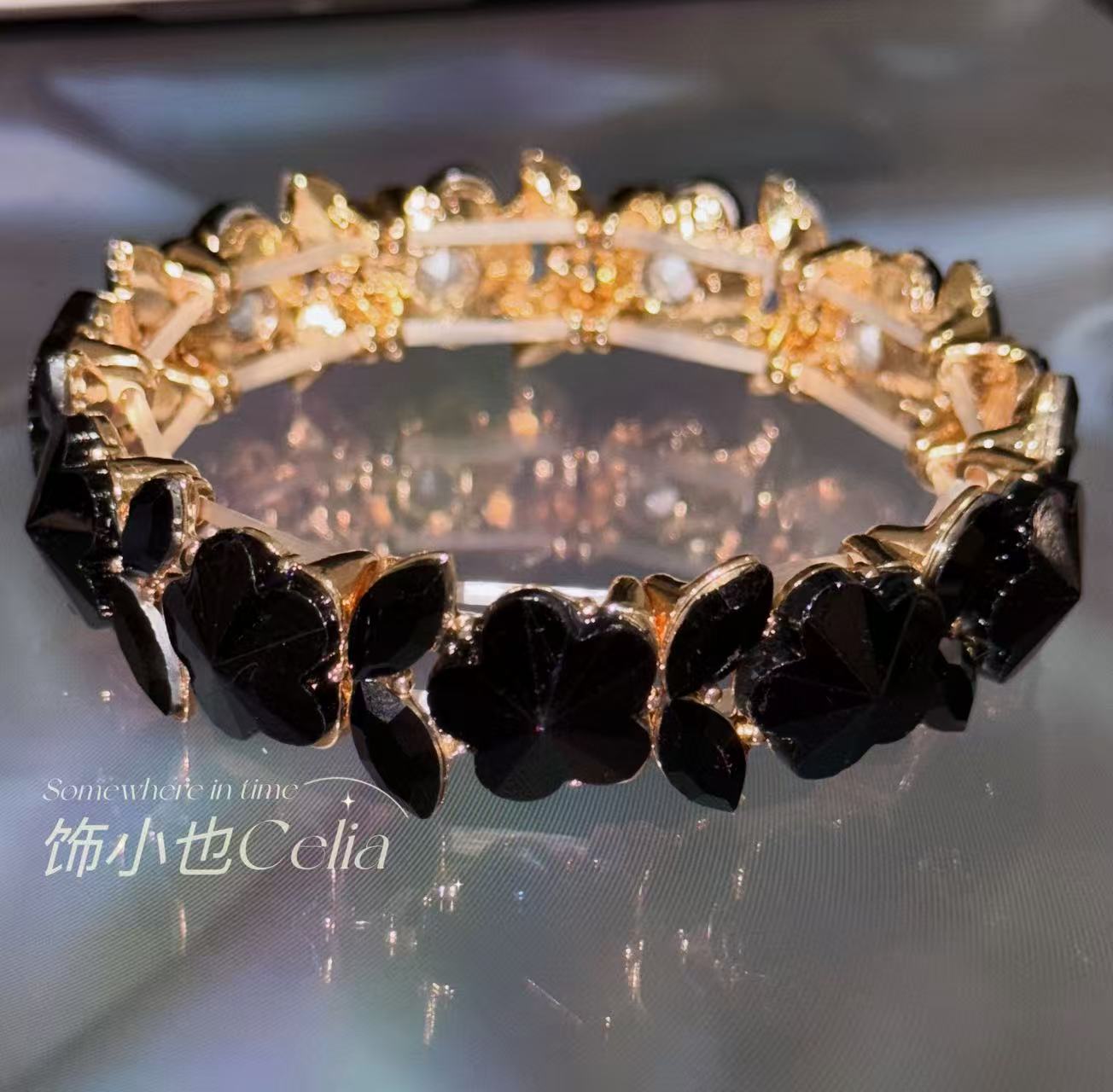 非金属合成锆石手链 【夜玫瑰】高级感跨境爆款重工弹力绳手链