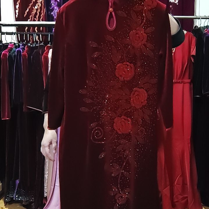 深酒红金丝绒重工中长旗袍2XL胸围106腰围92厘米120-130内