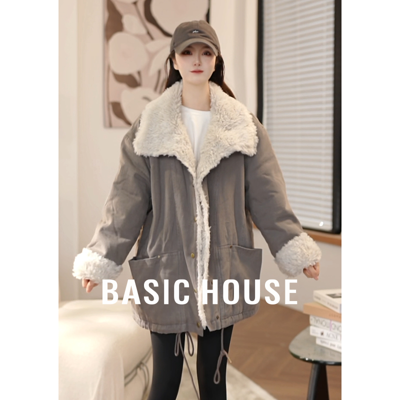 Basic House/百家好琥珀流光中长款毛领外套双色B1195B56H62