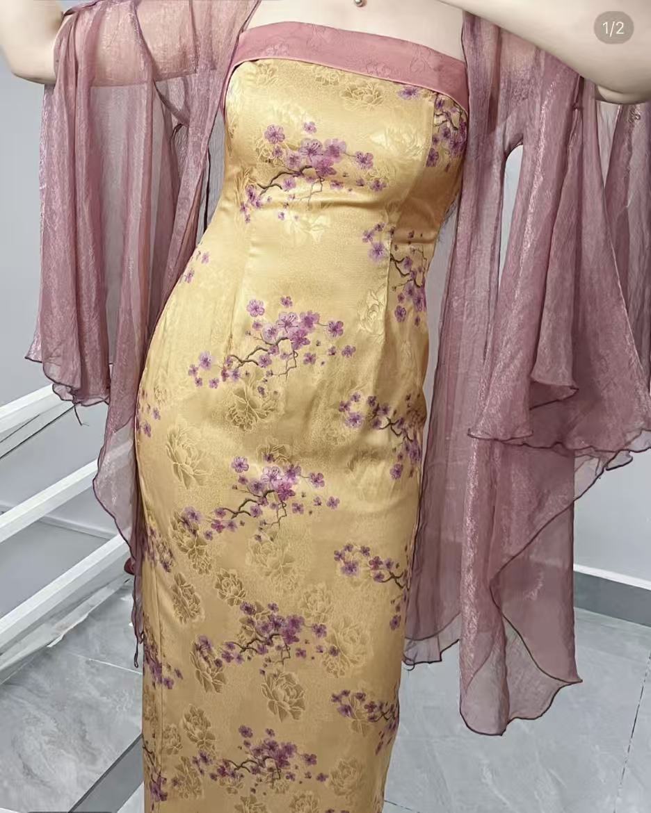 自制国风夏季新中式显瘦旗袍  黄粉妲己吊带