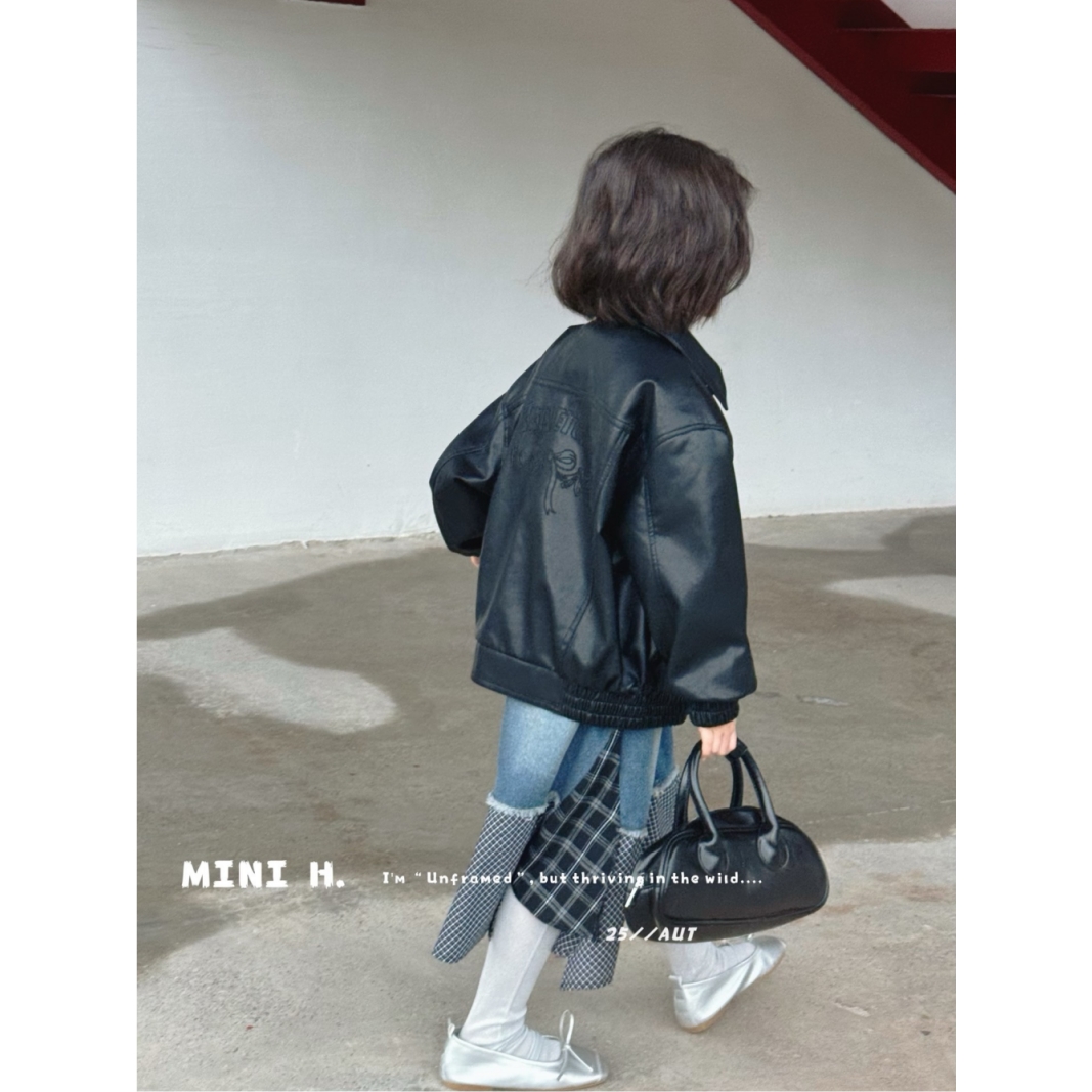 韩版女童装儿童秋季时髦洋气PU皮长袖外套开衫夹克