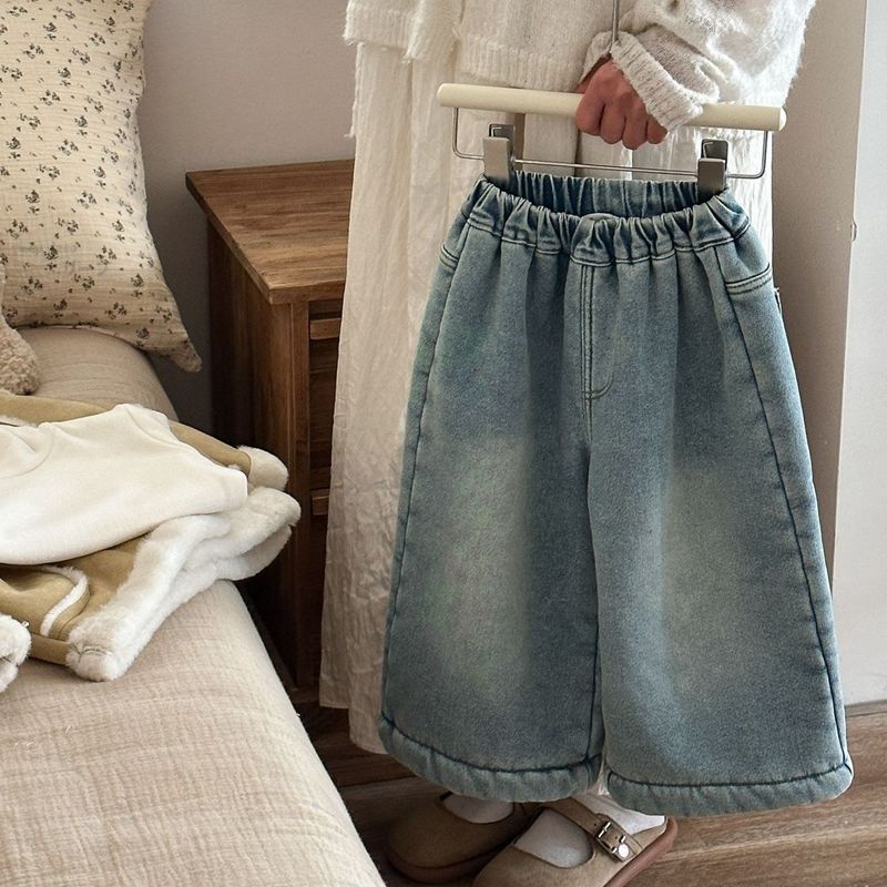 儿童冬季秋冬牛仔裤新款一体绒时尚直筒阔腿裤宝宝裤子小女孩潮