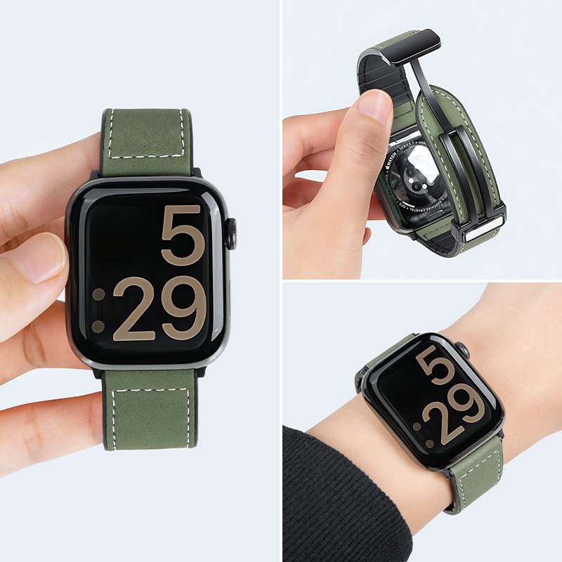 适用iwatch手表表带苹果硅胶折叠磁吸扣手表带疯马纹皮简约风腕带