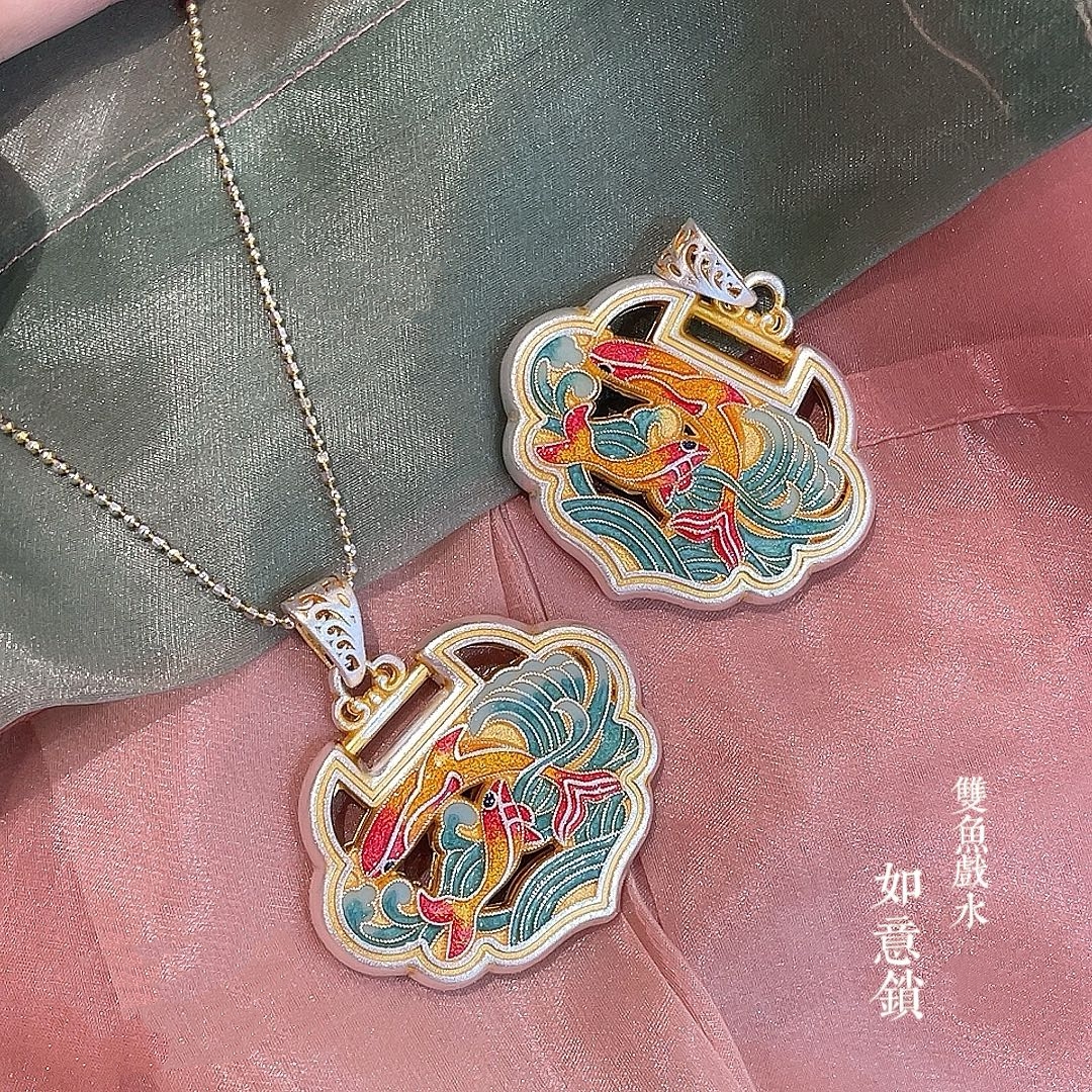 吊坠足银 足银999双面珐琅彩描金双鱼海豚银锁包镂空吊坠民族风
