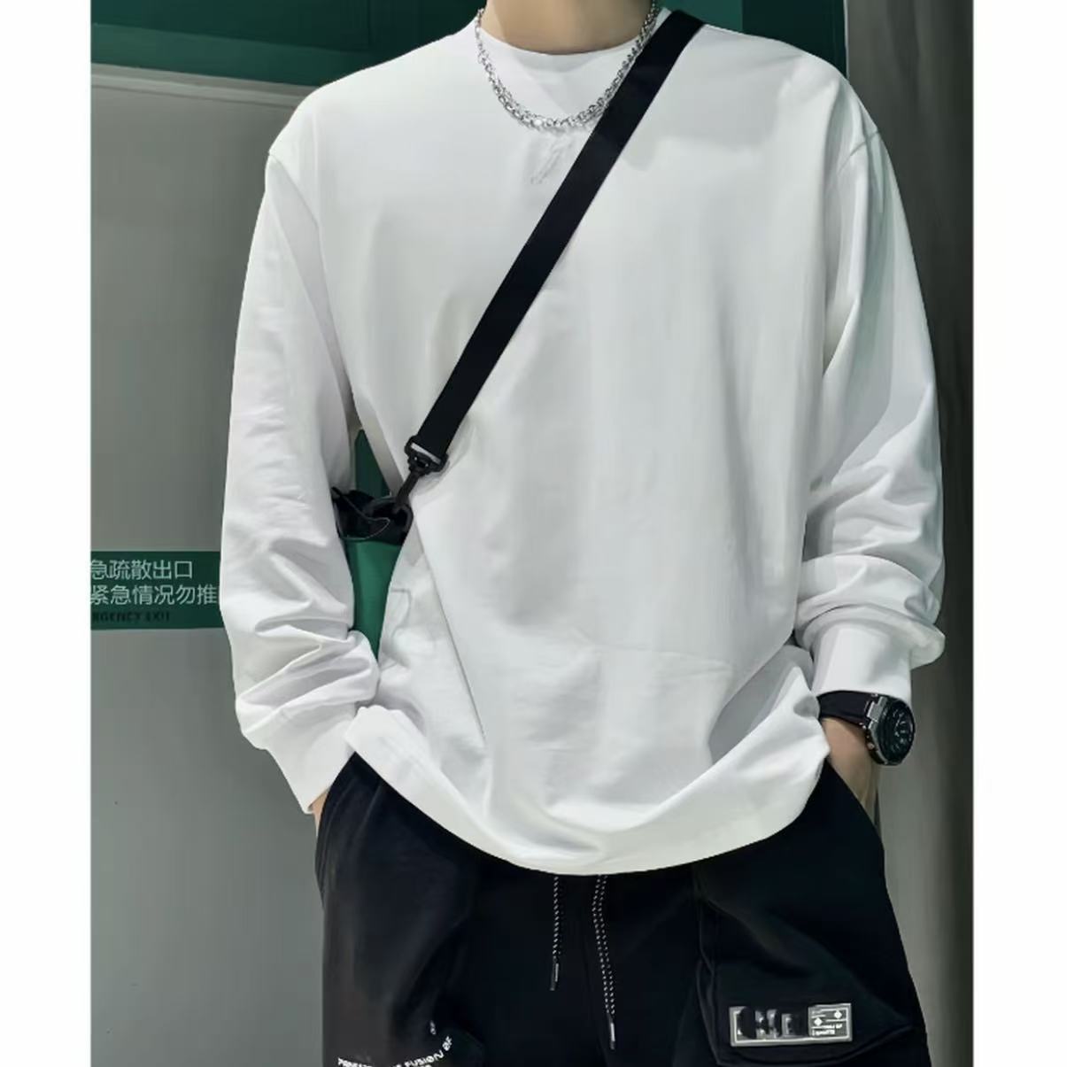 圆领长袖无图案纯色宽松卫衣套头休闲男士百搭韩版-30