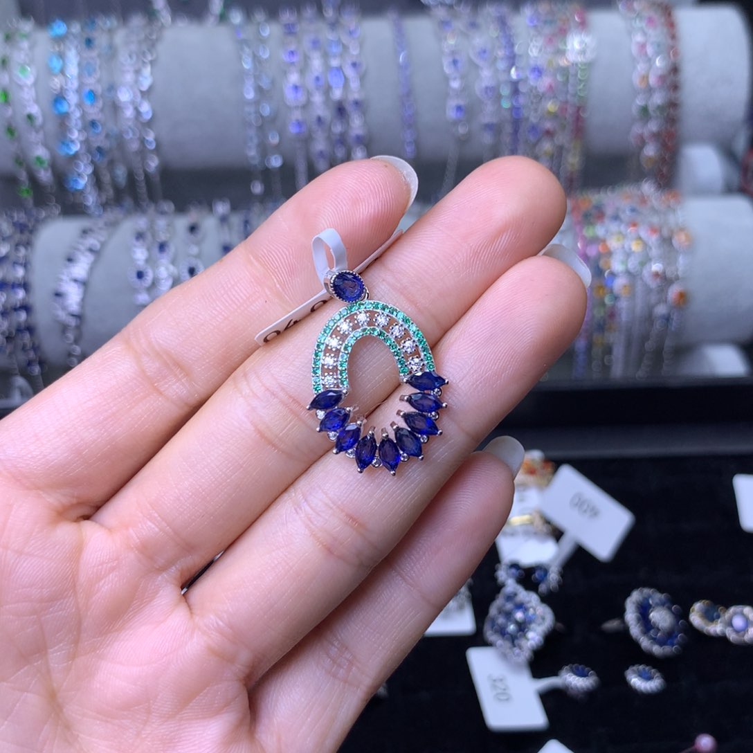 蓝宝石吊坠(不含链)银S925镶嵌吊坠