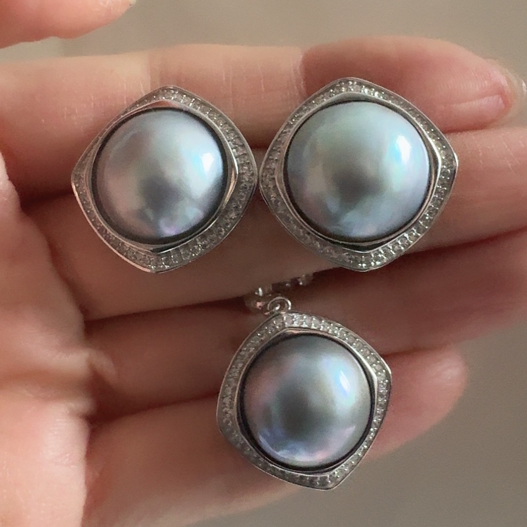 拼合珍珠（马贝珠）套装银S925镶嵌15-16mm灰