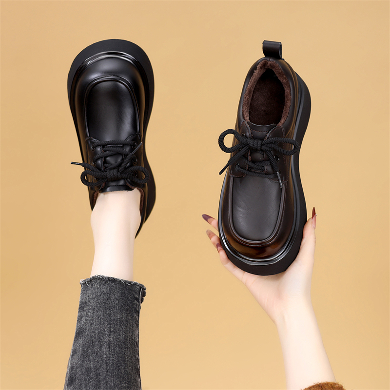 时尚百搭厚底乐福鞋女2025秋冬新款加绒舒适软底不累脚单鞋大码41