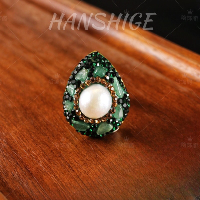 铜合金戒指 【E507】复古百搭绿色珠珠戒指