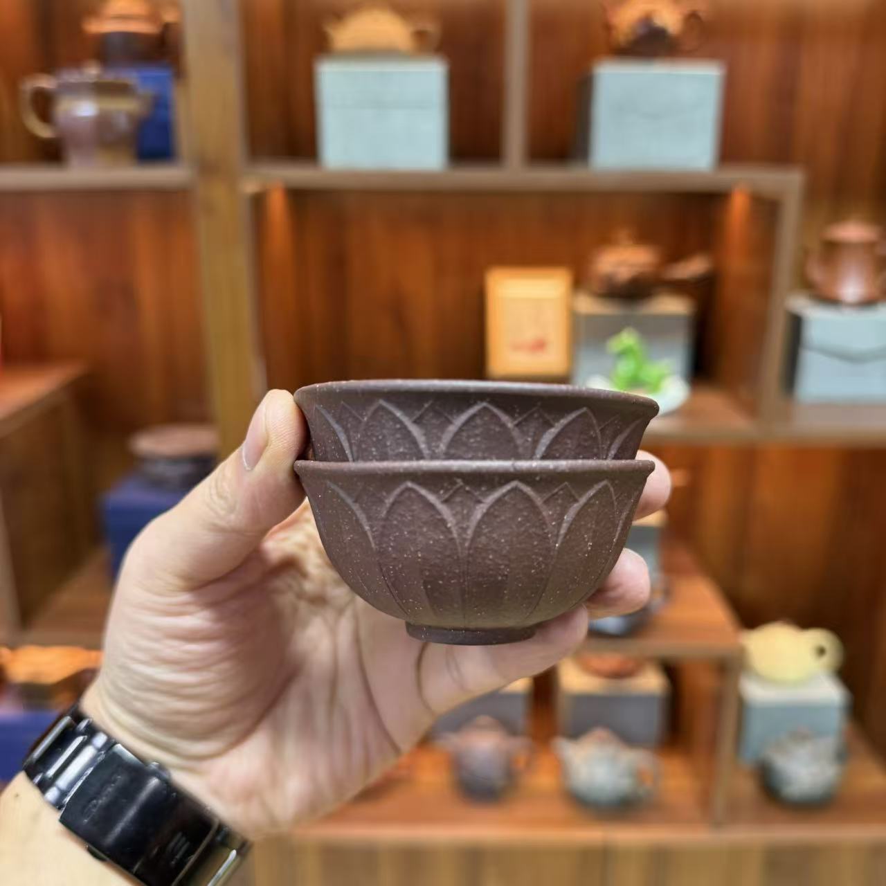 莲花主人杯一对 紫泥紫砂杯