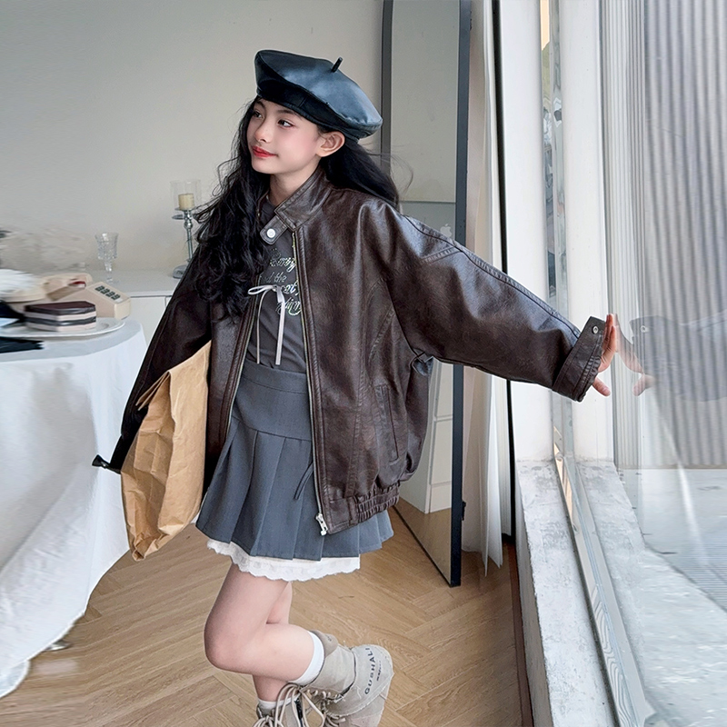 【嘻嘻柚】女童韩版复古皮衣立领外套2025秋季洋气时尚机车服夹克潮
