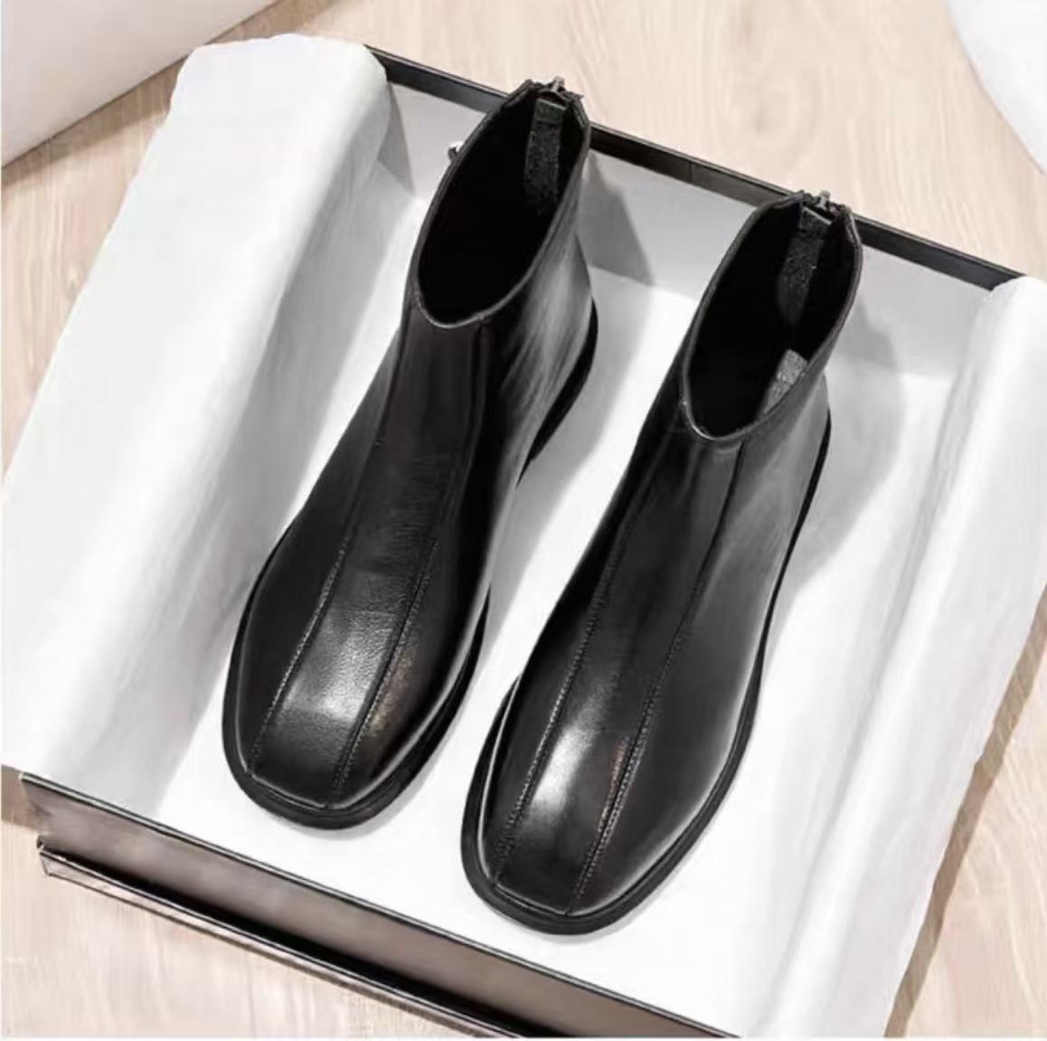 【万达撤柜1】短筒方头修面皮粗跟弹力靴粗跟靴复古单靴短靴瘦瘦靴