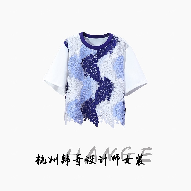 【韩哥女装】2025欧版《如月》小众设计师月光白拼接蕾丝短袖6891-D4