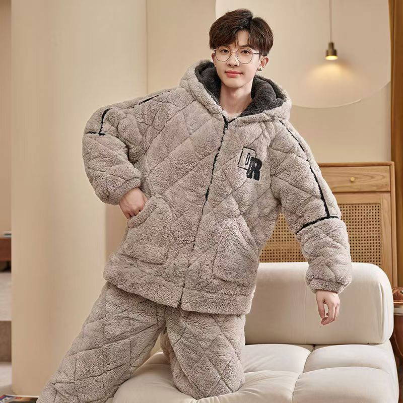 冬季男士睡衣三层夹棉加绒加厚珊瑚绒保暖长袖长裤连帽拉链家居服