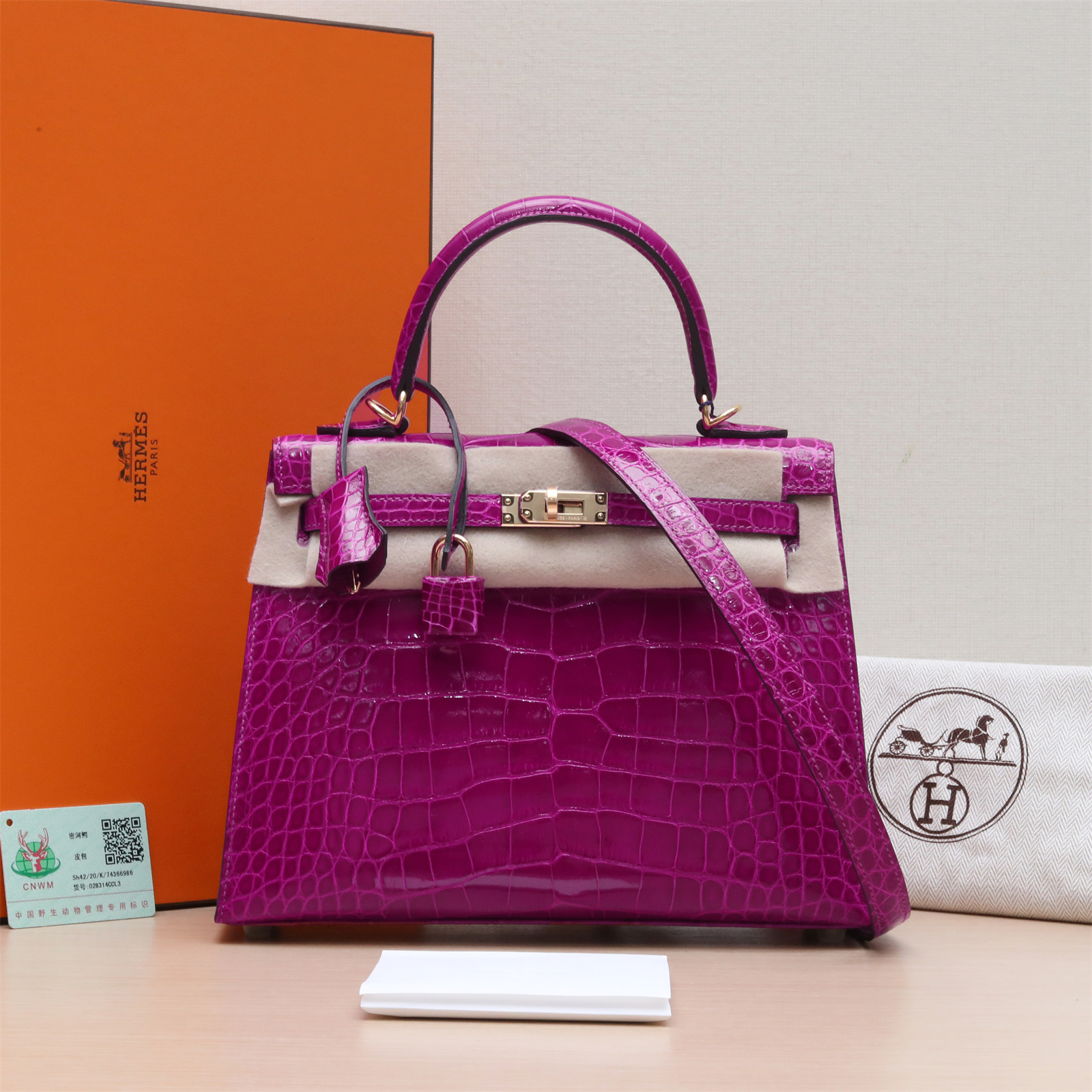 99新 Hermes/爱马仕 【小花念念】Kelly 25 玫瑰紫 鳄鳄 Y刻金扣包