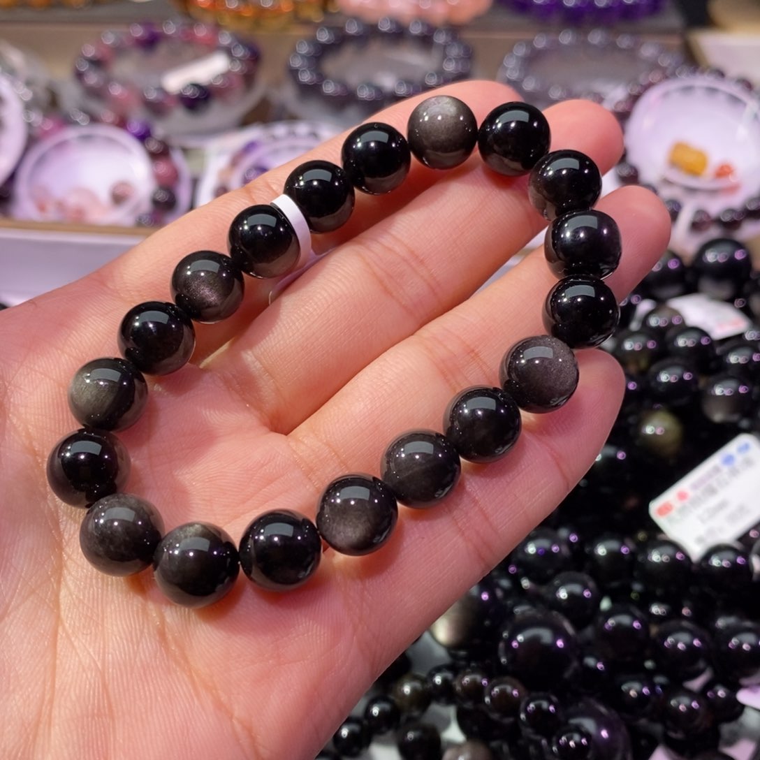 黑曜岩手串未镶嵌流****_银耀石10+