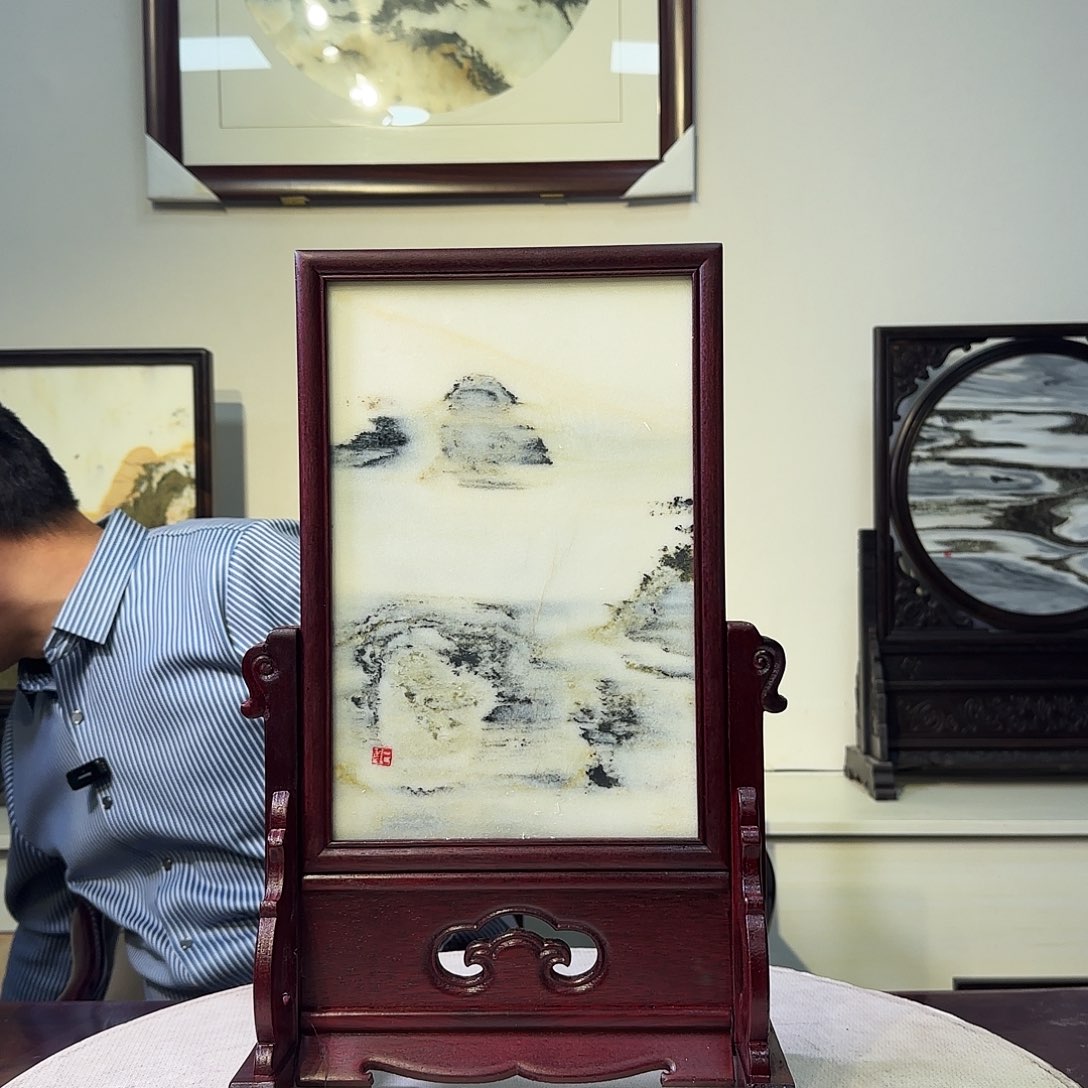 木天然大理石画屏风