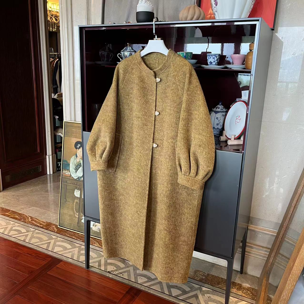 漫颜刘羊毛混纺姜黄色双面呢外套2023秋冬新圆领单排扣纯色上衣