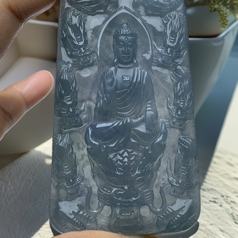 天然翡翠Ａ货蓝冰精雕九龙啊米守护吊坠