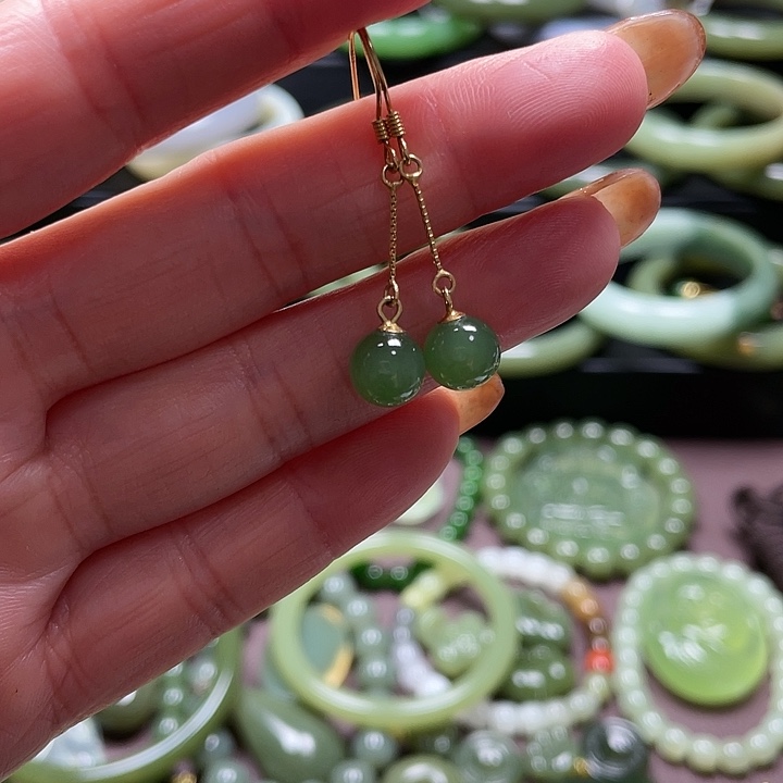 和田玉（碧玉）银S925镶嵌耳饰