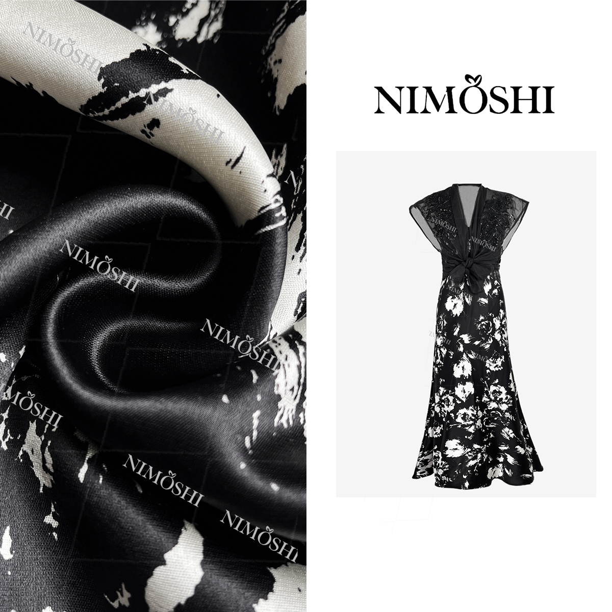 NIMOSHI【达妮】法式新款轻奢黑色拼花气质显瘦连衣裙Q1736