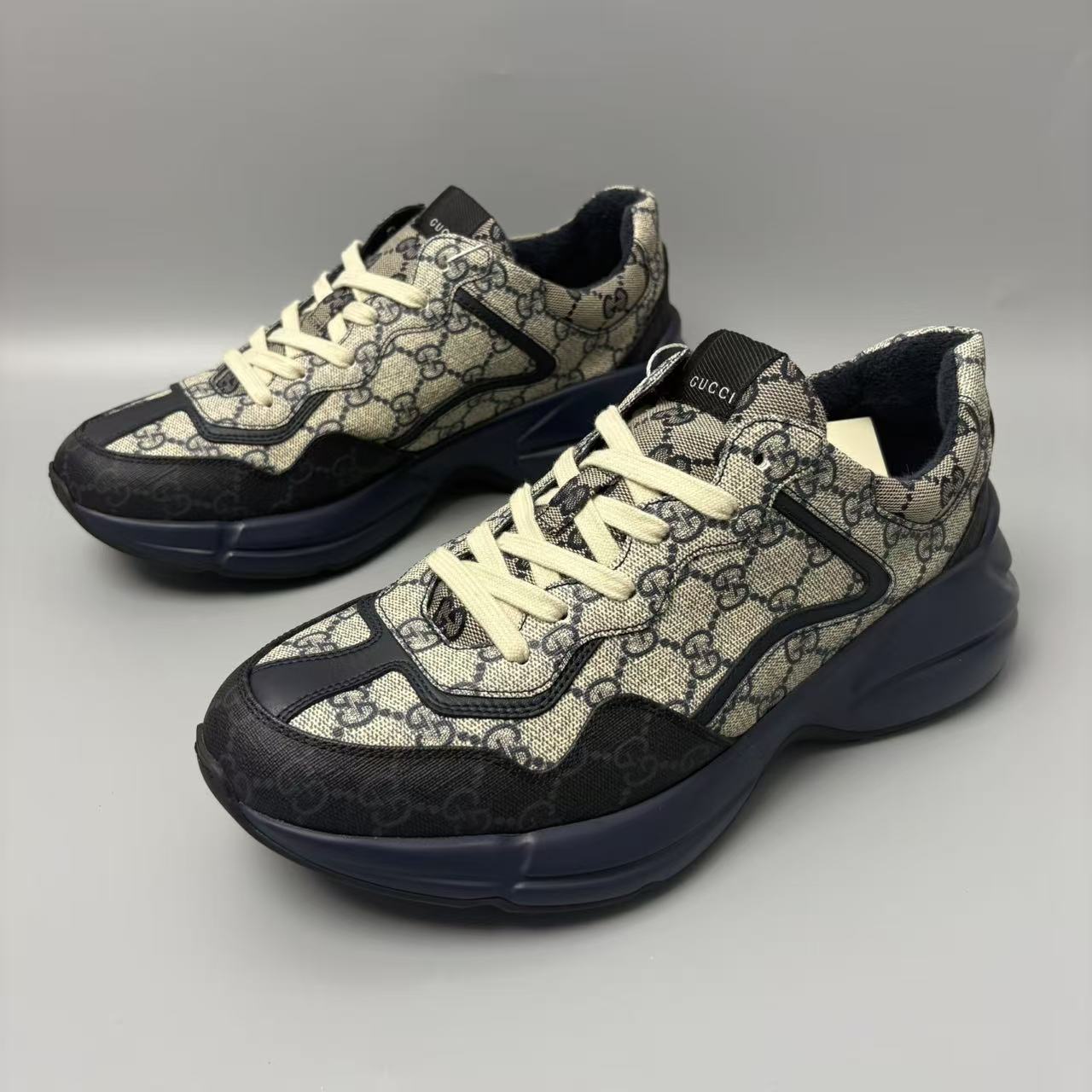 95新 GUCCI/古驰 藏蓝经典老花满印厚底男士老爹鞋40欧码 jx640