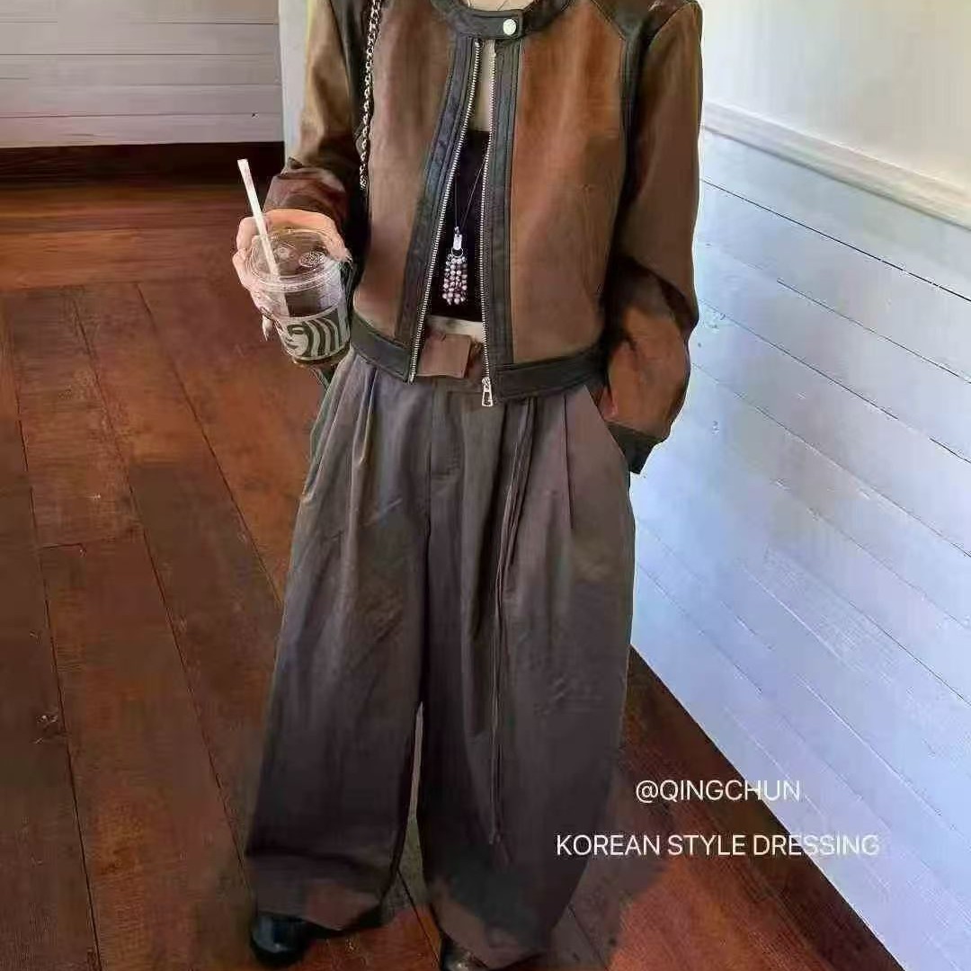 复古港风设计束缚腰带垂感直筒阔腿女休闲长裤