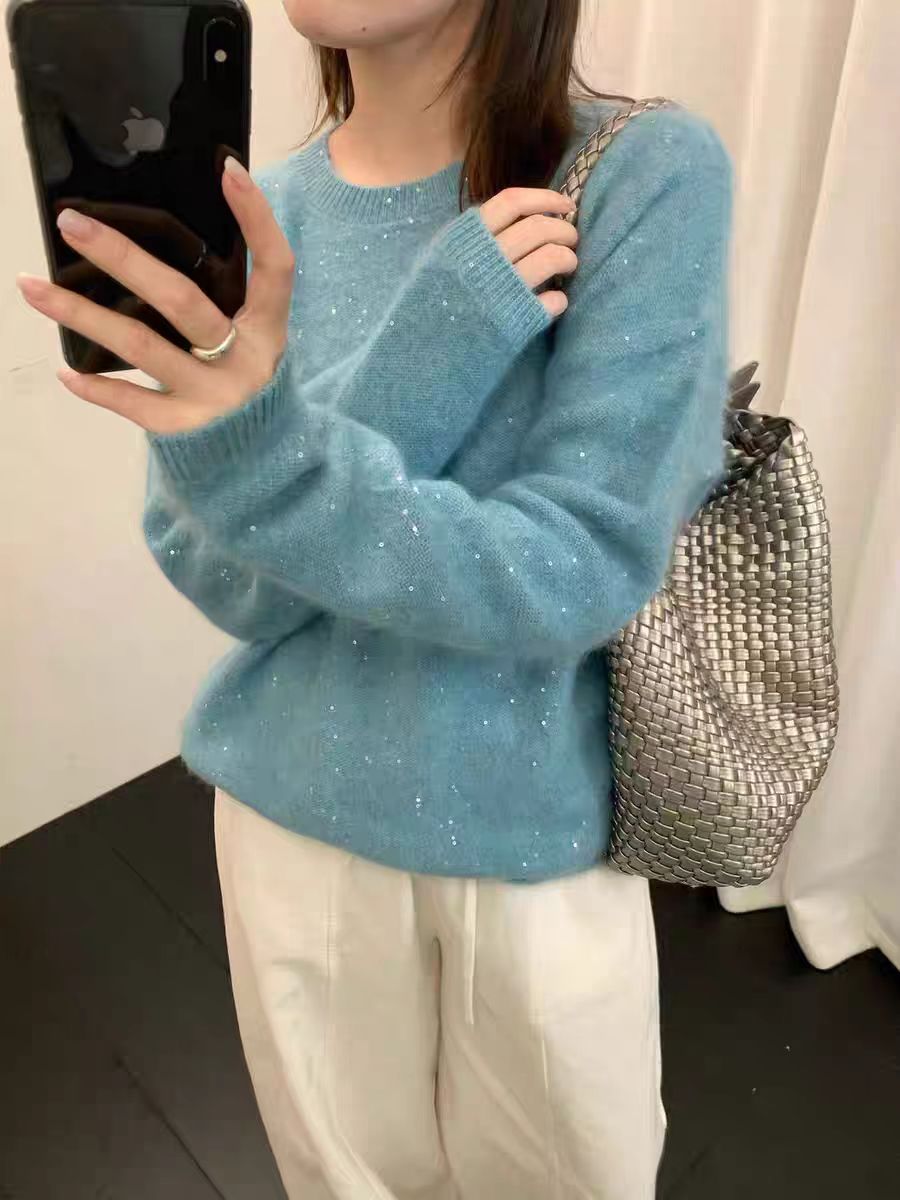 闪光灯 25冬“100羊毛拉绒280g”高领亮片针织衫毛衣出游服装女