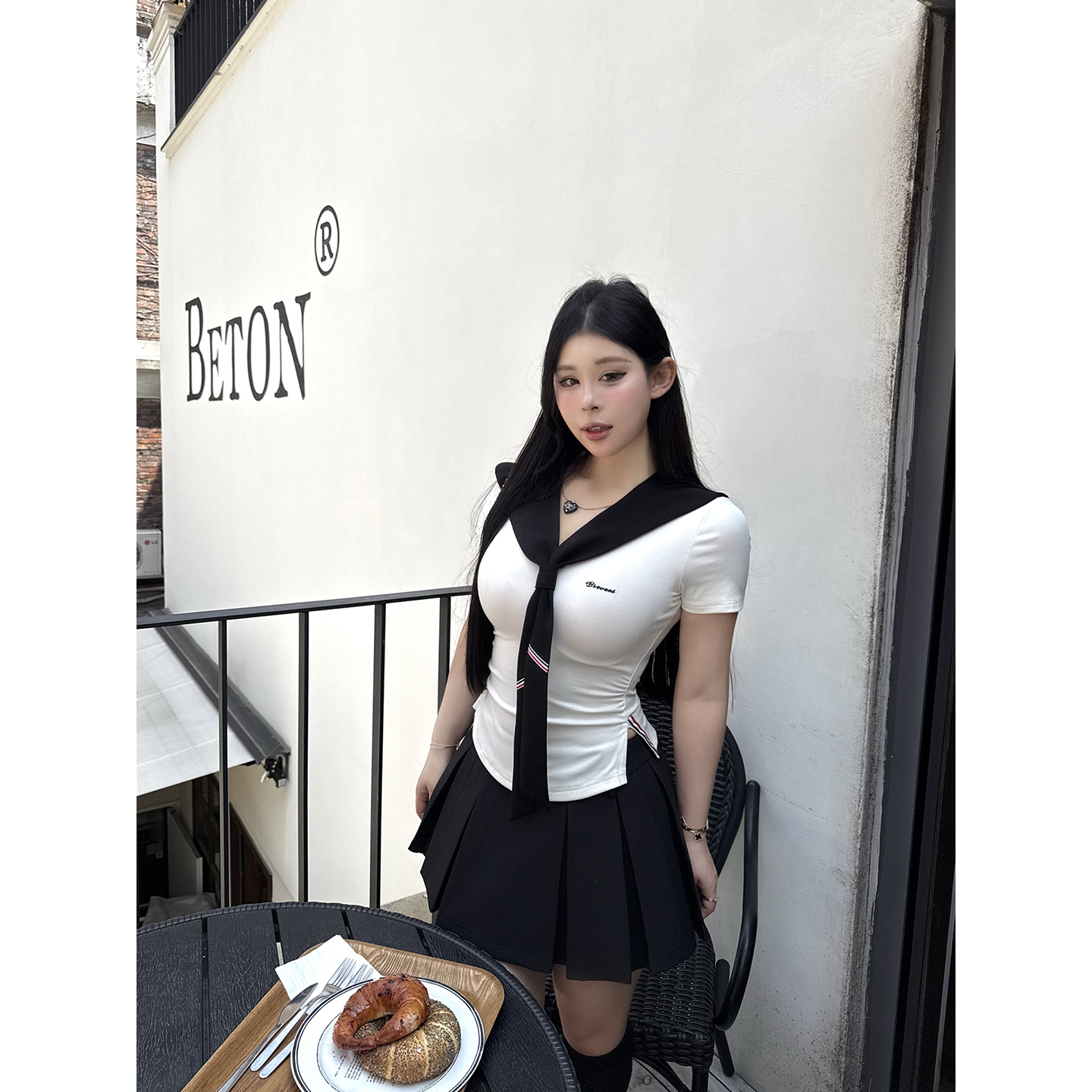 黑泽玄七”韩高生2.0套装”夏季显瘦韩女航海系刺绣上衣百褶裙套装