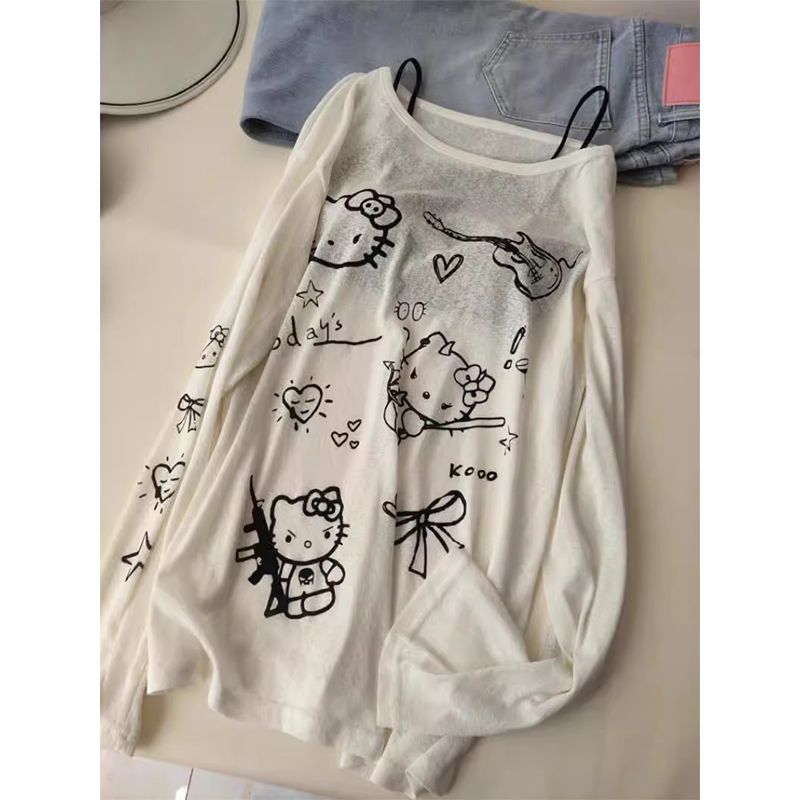 夏季新款长袖防晒罩衫卡通kitty印花薄款洋气百搭慵懒风上衣