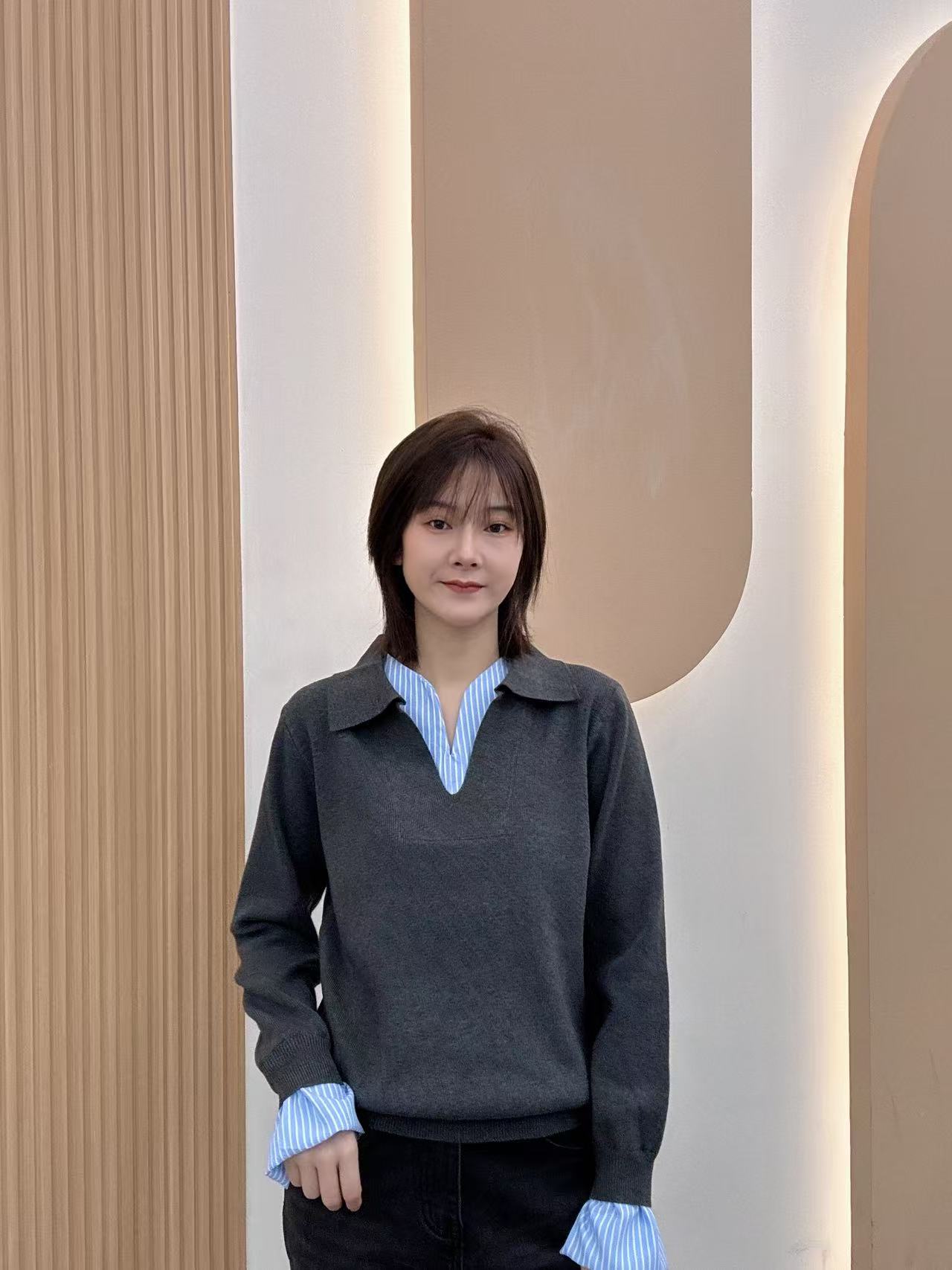 2025秋冬新款设计感条纹假两件翻领针织衫毛衣拼接衬衫6111