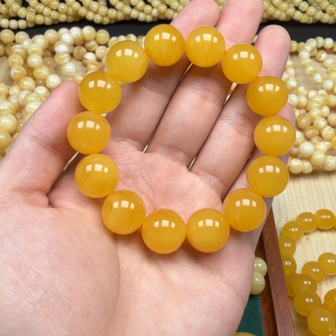 手串蜜蜡未镶嵌15+焦皮料鸡油红圆珠手串