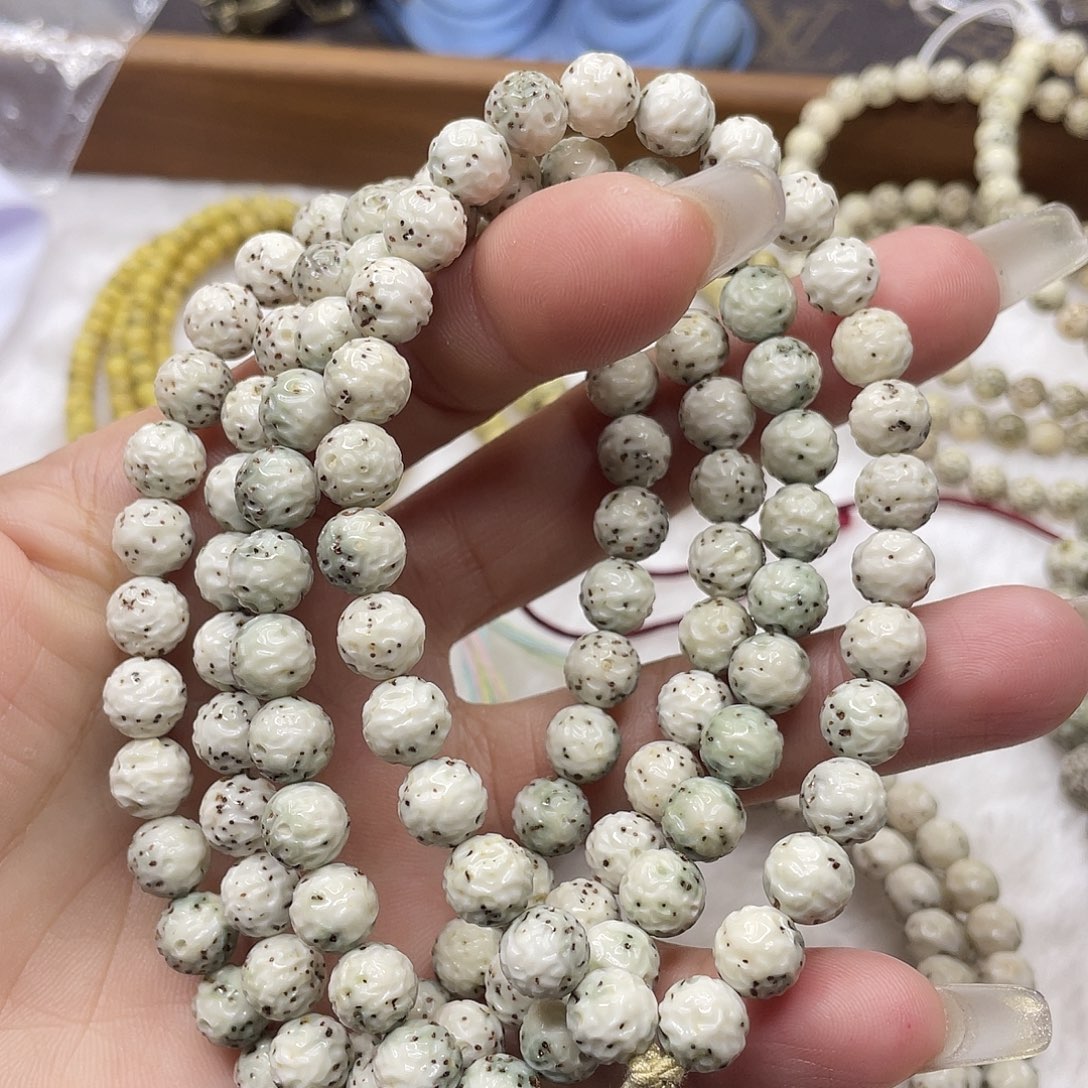 星月菩提吊坠石玉料瓷白绿圆珠无相手持卡8