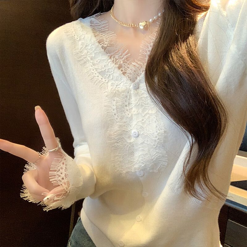 蕾丝v领白色针织打底衫女开衫春秋新款2025洋气长袖毛衣上衣