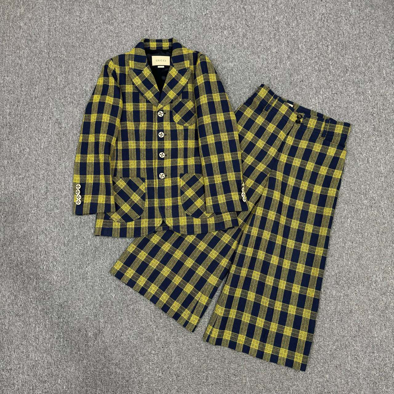 99新 GUCCI/古驰 10827271 nz 高公价黄色格纹羊绒西装套装 36码