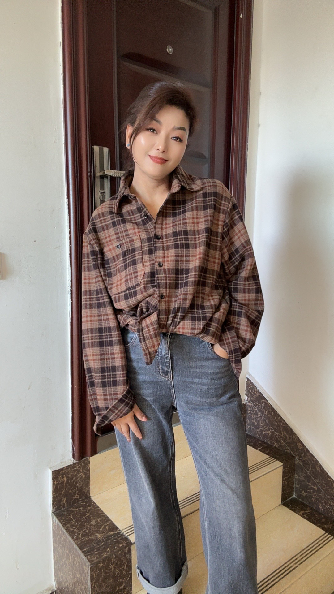 宽松复古格纹衬衫长袖设计感慵懒风时尚小众上衣