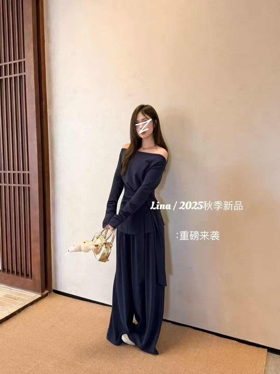 甜菜大码一字肩绑带收腰上衣宽松休闲阔腿裤2025秋季时尚穿搭套装
