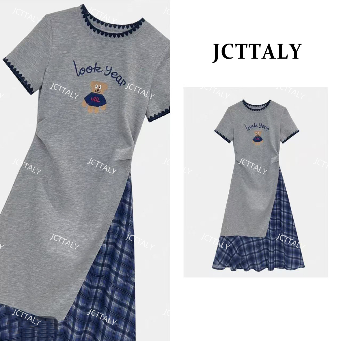 【Linda】【10】灰色轻奢显瘦时尚休闲小熊短袖连衣裙夏JC-A3814